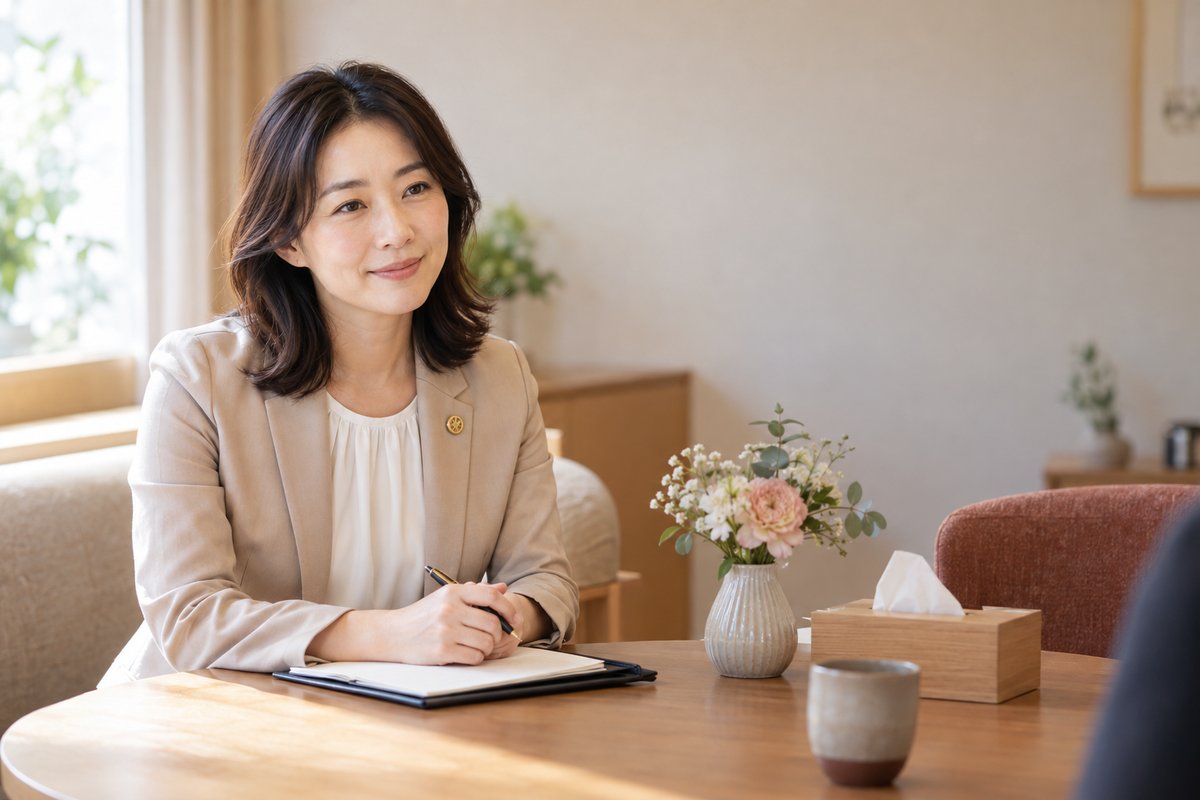 相談室で話を聞く女性弁護士
