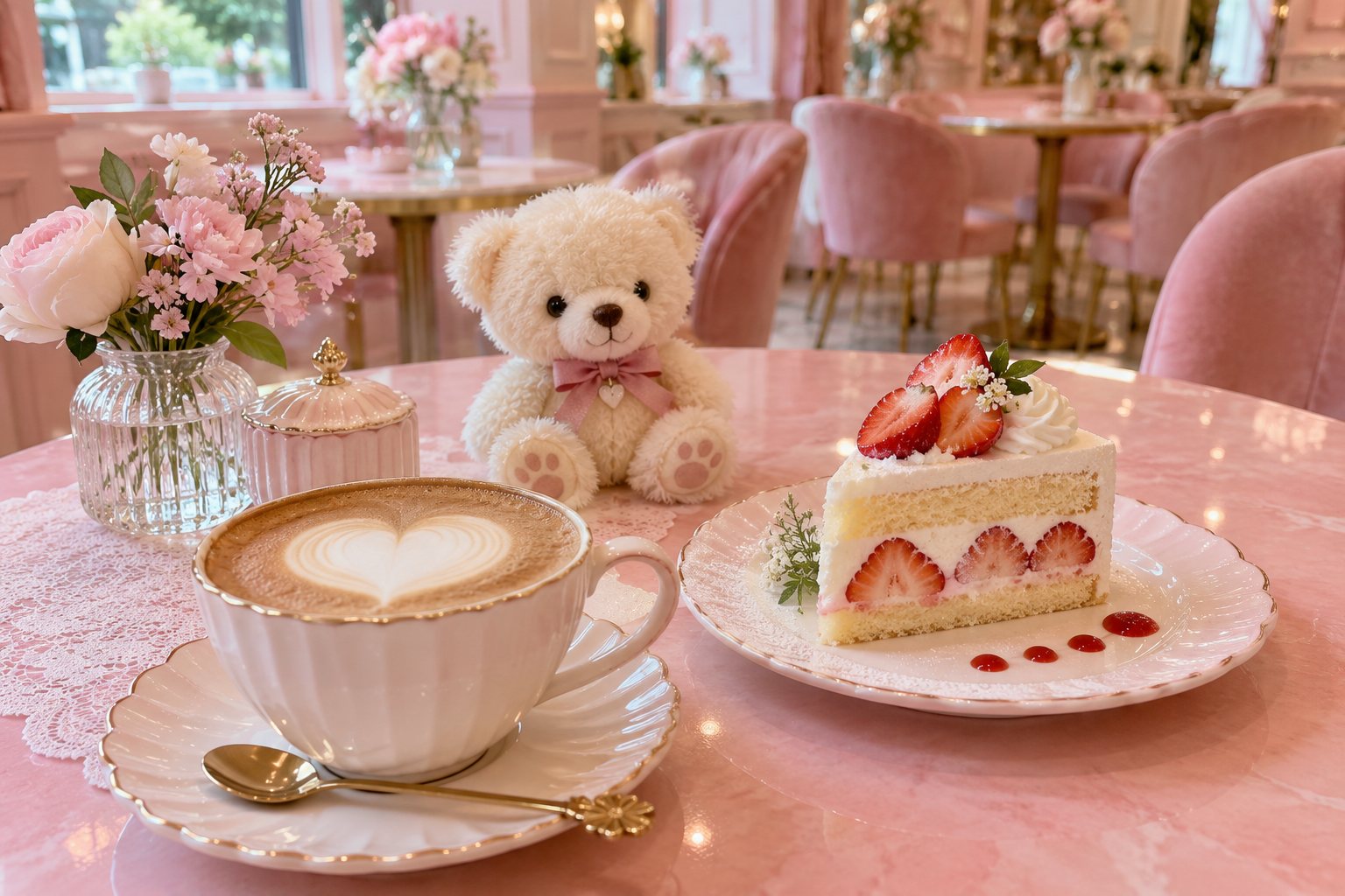 ラテアートとケーキとくまのぬいぐるみ