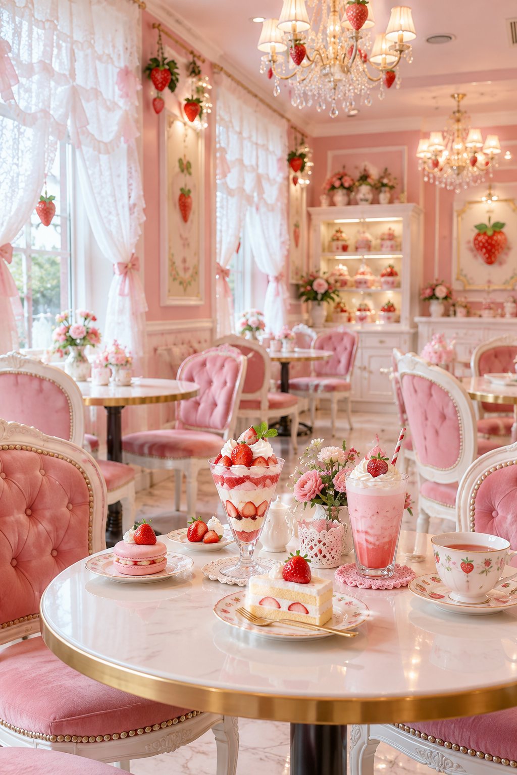いちごがテーマのピンクの店内
