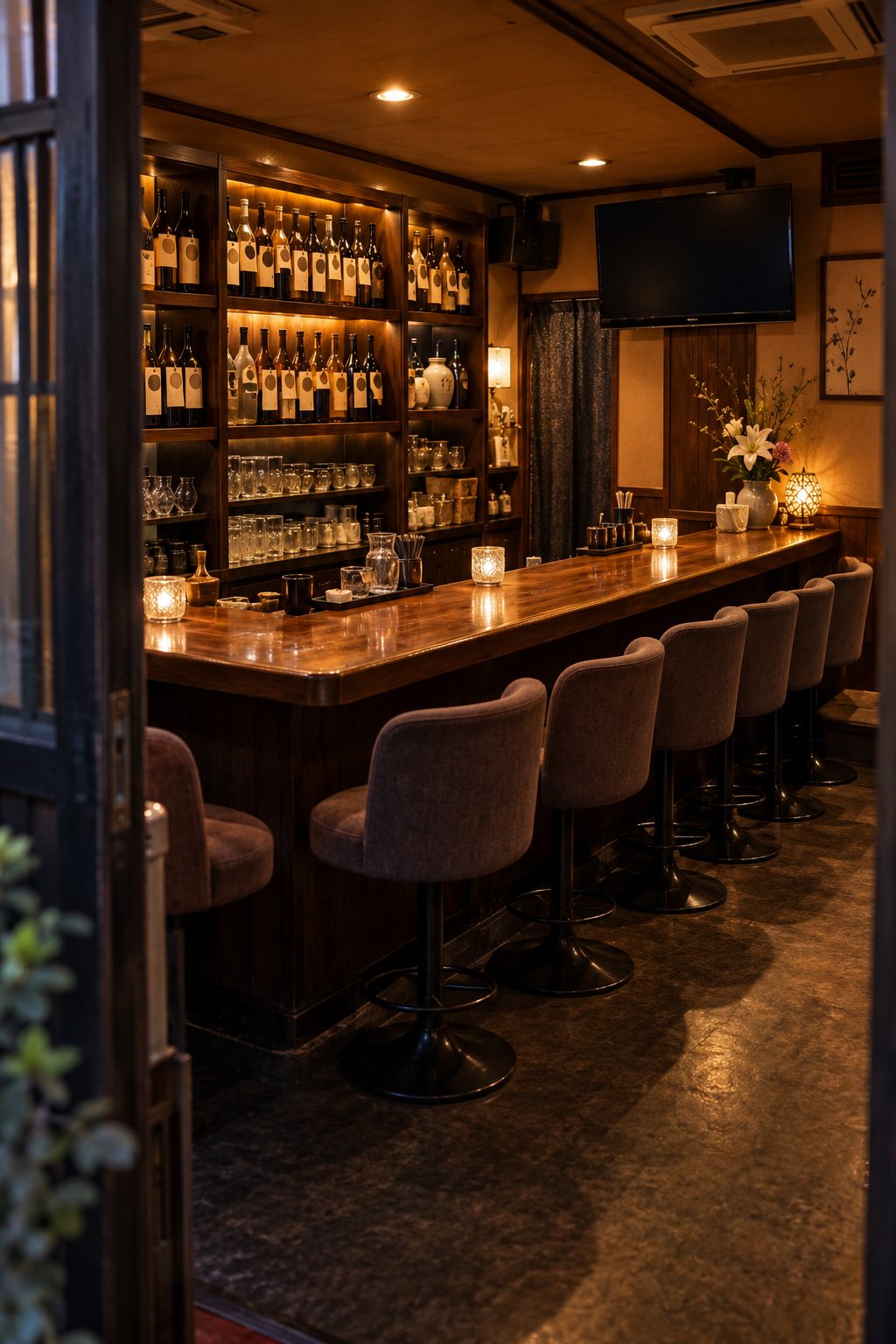 木のカウンターと酒棚のある店内