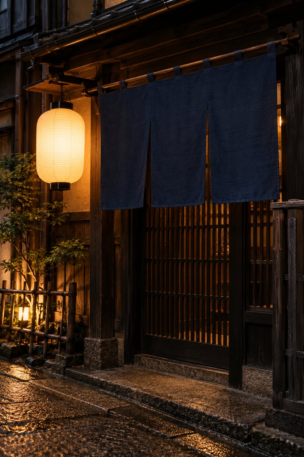 格子戸と藍の暖簾の入口