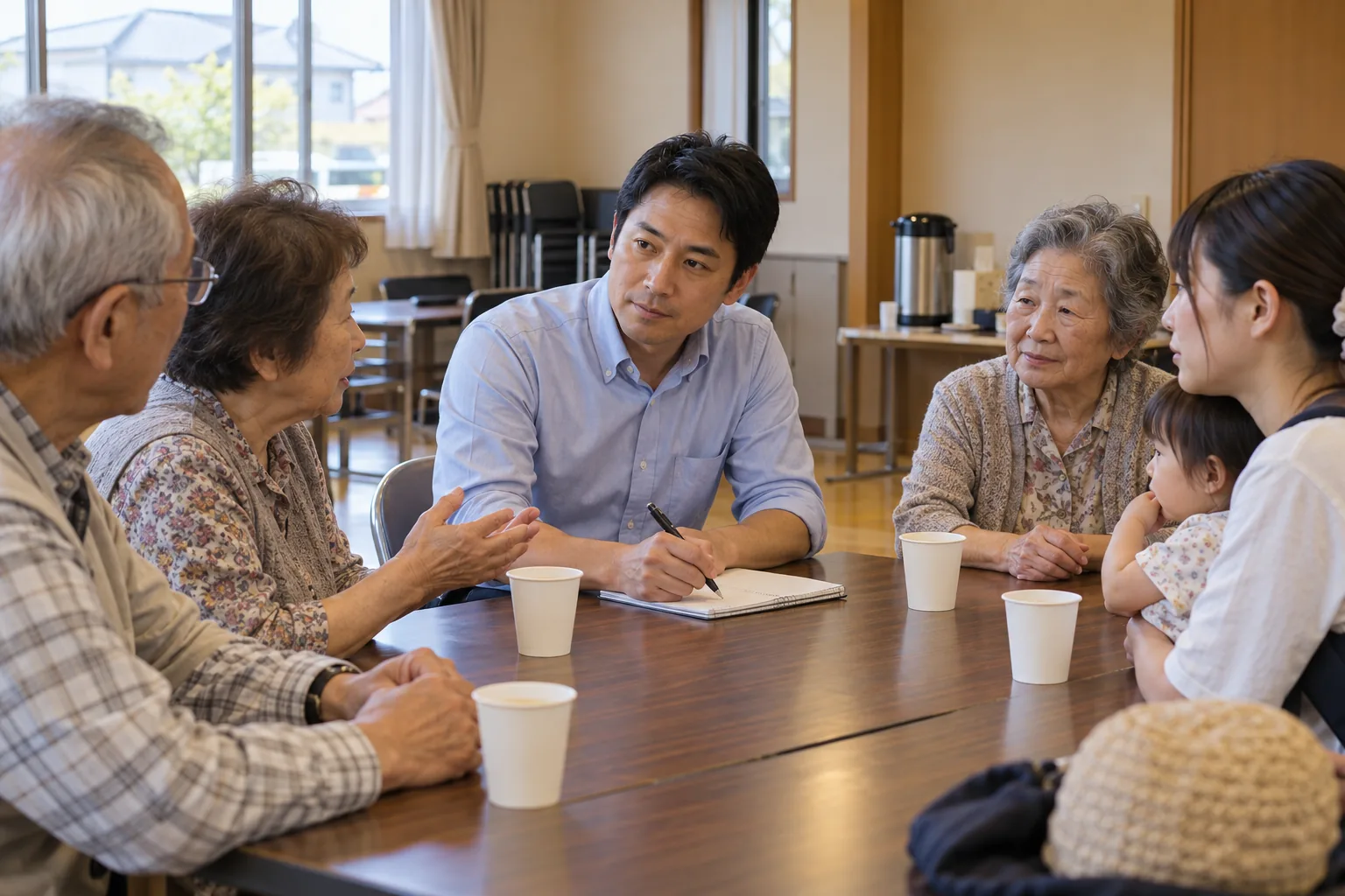 地域の集まりで住民の話を聞く汐見航