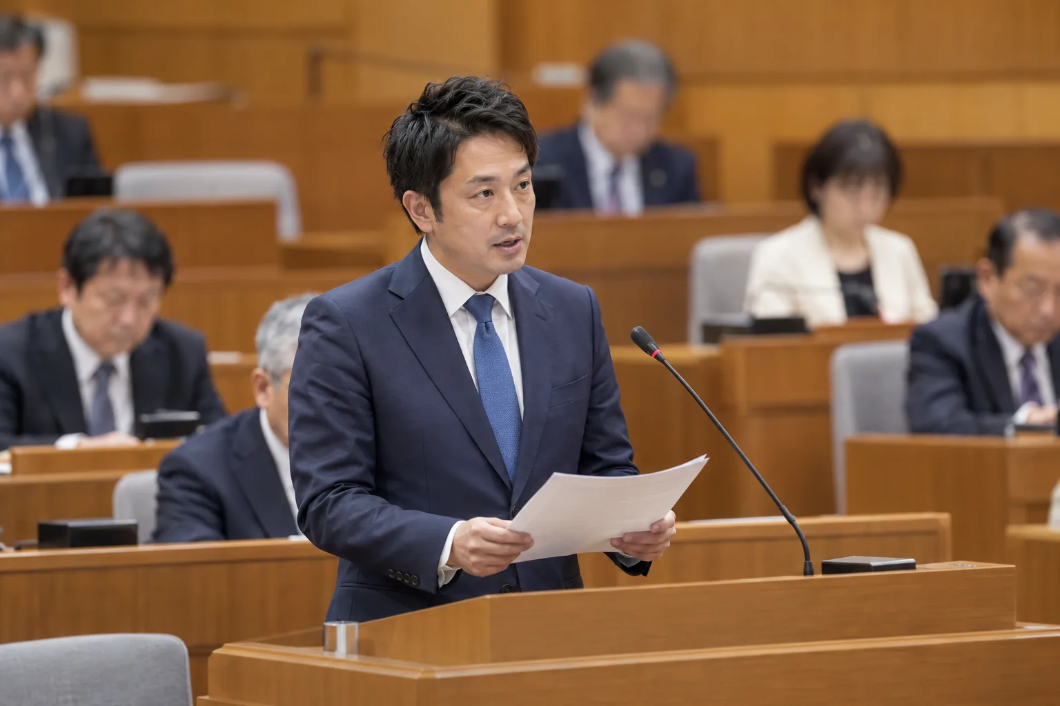 議場で質問する汐見航