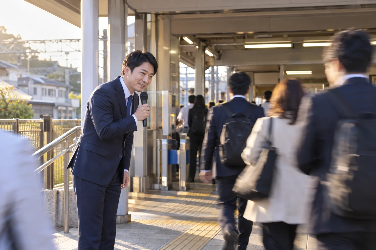 駅前で通勤する人に挨拶する様子