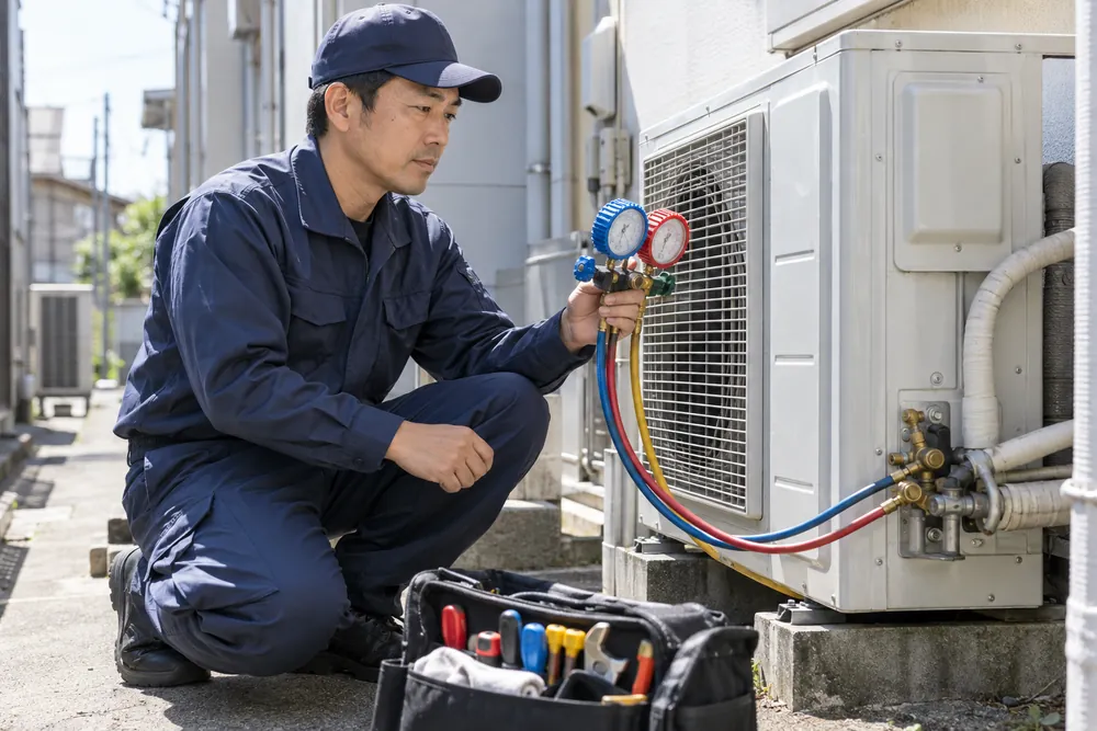 エアコン室外機を点検する設備工
