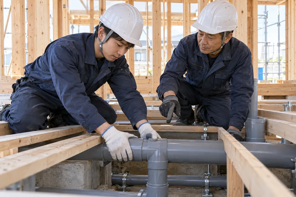 先輩と一緒に排水管をつなぐ若手設備工
