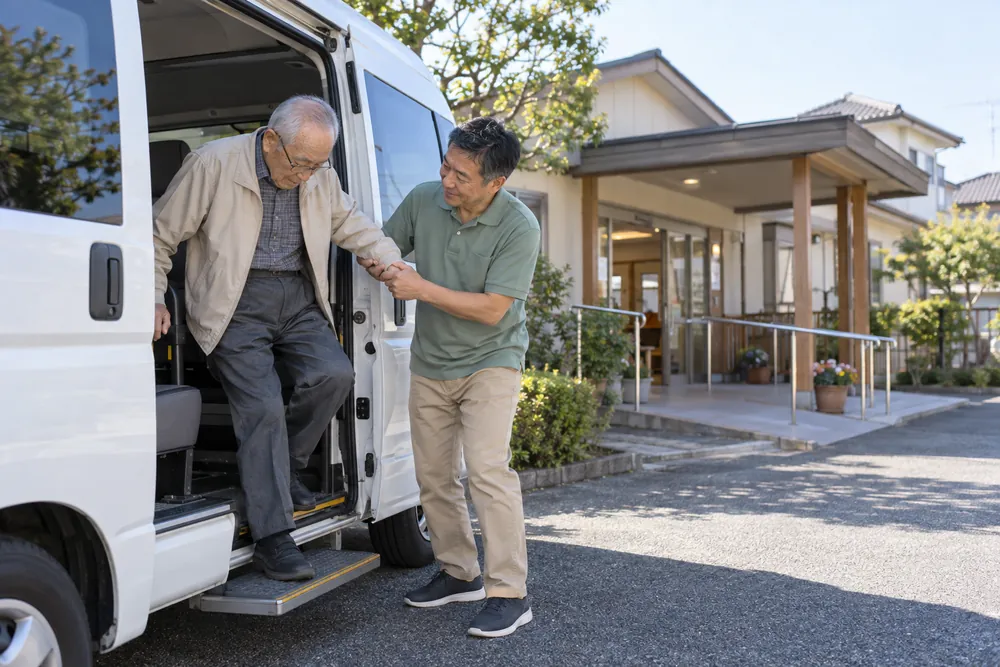 送迎車から降りる利用者さんを支えるドライバー
